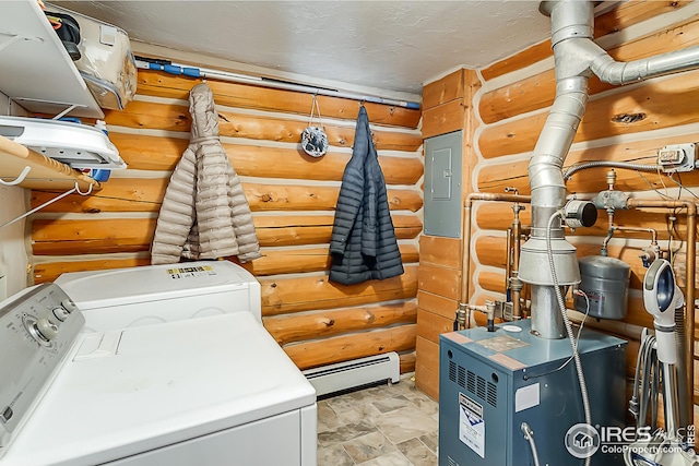 clothes washing area featuring washer / clothes dryer, a baseboard radiator, rustic walls, electric panel, and a heating unit