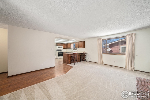 living area featuring a textured ceiling, light wood finished floors, light colored carpet, and baseboards