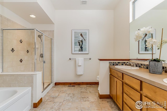 full bathroom with visible vents, a bath, a sink, decorative backsplash, and a shower stall