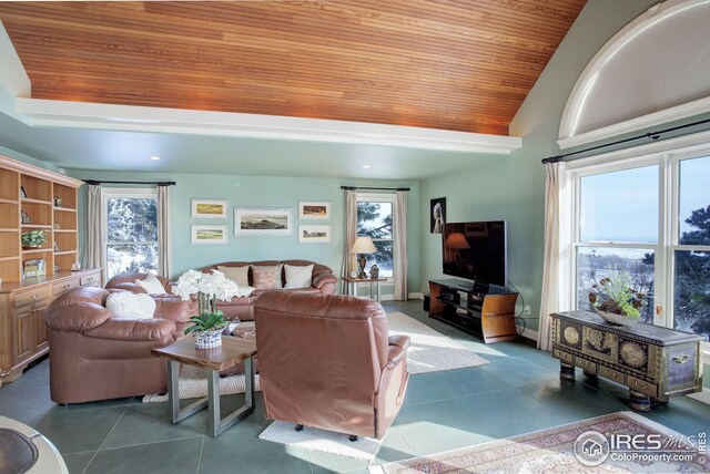 8400 Middle Fork Rd, Boulder, CO 80302 - living area with dark tile patterned flooring, wooden ceiling, vaulted ceiling, and baseboards