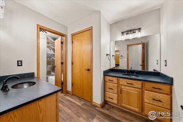 11837 County Road 39, Fort Lupton, CO 80621 - bathroom with vanity, wood finished floors, and a textured wall