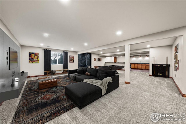 11837 County Road 39, Fort Lupton, CO 80621 - living room with billiards table, carpet flooring, and recessed lighting