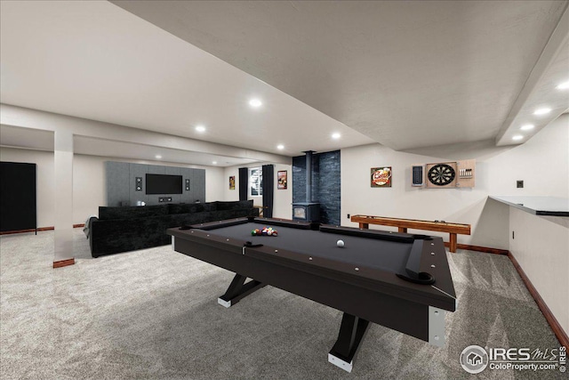 11837 County Road 39, Fort Lupton, CO 80621 - recreation room with carpet, recessed lighting, billiards, and a wood stove