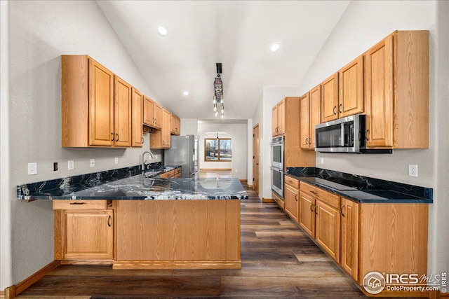 11837 County Road 39, Fort Lupton, CO 80621 - kitchen featuring stainless steel appliances, lofted ceiling, a peninsula, dark wood finished floors, and recessed lighting