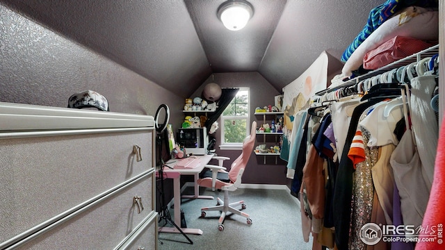 interior space with lofted ceiling and a textured ceiling