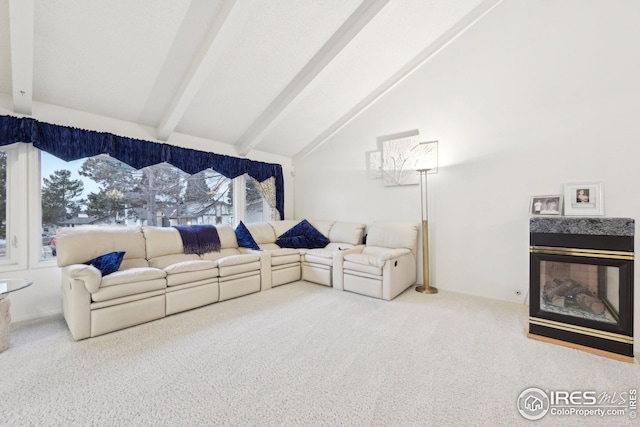 carpeted living area with vaulted ceiling with beams and a premium fireplace