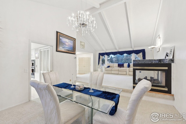 dining area featuring high vaulted ceiling, a multi sided fireplace, carpet flooring, beam ceiling, and an inviting chandelier