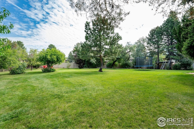 view of yard featuring a trampoline and fence