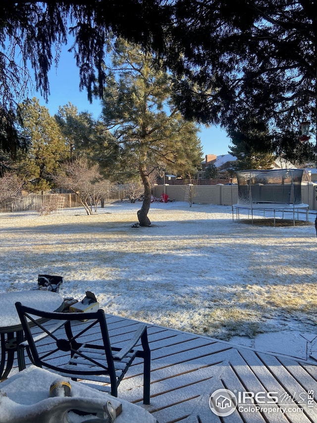 view of yard featuring a trampoline and a fenced backyard