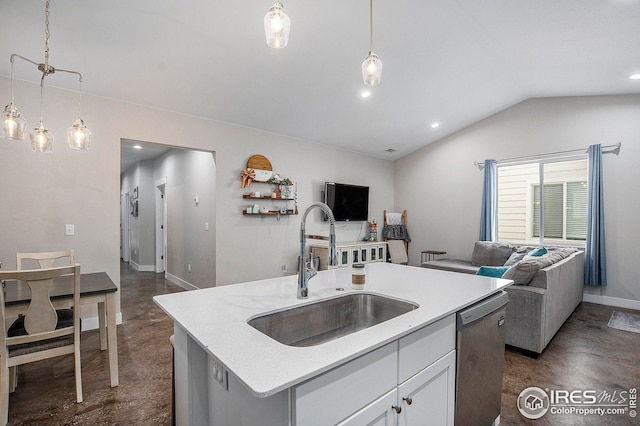 kitchen featuring decorative light fixtures, a center island with sink, open floor plan, a sink, and dishwasher