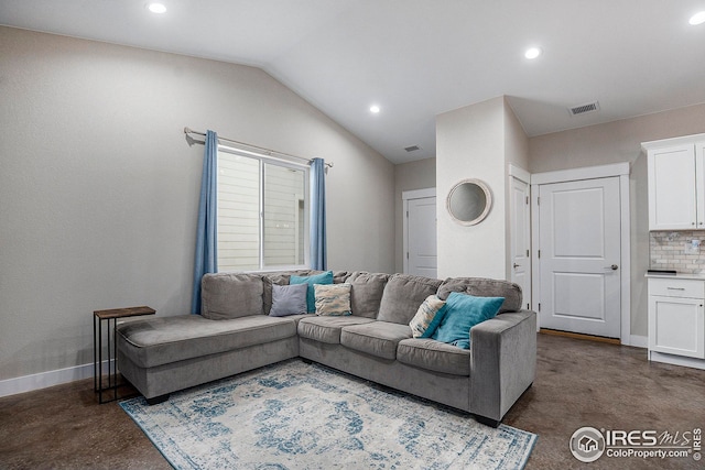 living area with vaulted ceiling, baseboards, visible vents, and recessed lighting