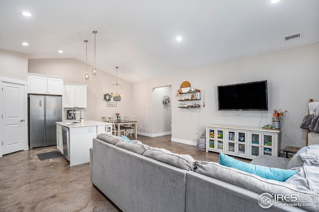 living room with high vaulted ceiling, recessed lighting, visible vents, concrete flooring, and baseboards