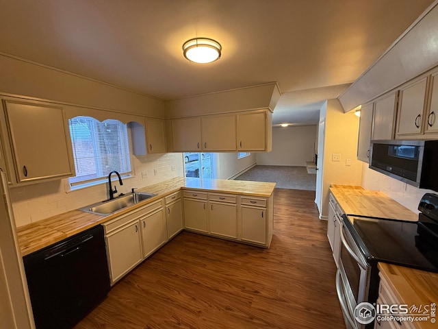 kitchen with dark wood finished floors, dishwasher, butcher block countertops, stainless steel range with electric cooktop, and a sink