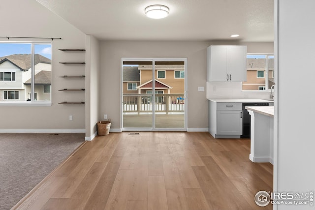 unfurnished dining area featuring baseboards, light wood-type flooring, and a sink