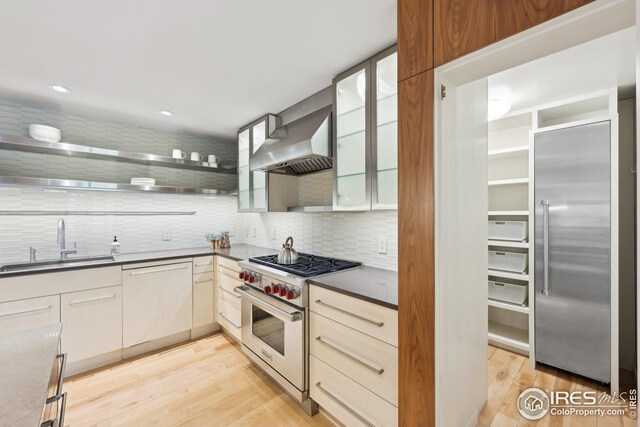 503 Kalmia Ave, Boulder, CO 80304 - kitchen with premium appliances, light wood-type flooring, a sink, and wall chimney exhaust hood