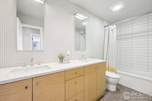 503 Kalmia Ave, Boulder, CO 80304 - bathroom with shower / bath combination with curtain, double vanity, a sink, and toilet