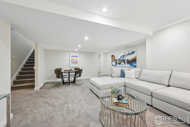 503 Kalmia Ave, Boulder, CO 80304 - living area featuring carpet, stairway, baseboards, and recessed lighting