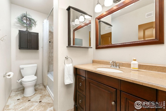 bathroom with vanity, shower / bath combination with curtain, toilet, visible vents, and tile patterned flooring