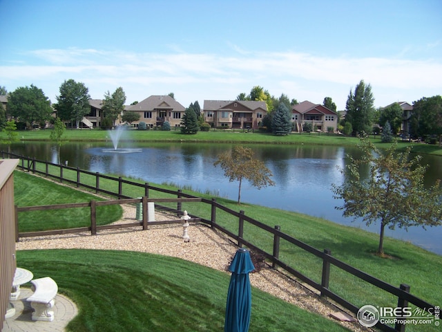 view of property's community with a yard, a water view, and a residential view