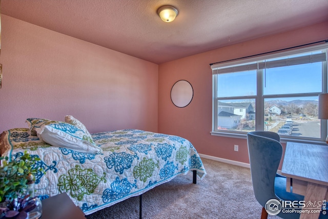 carpeted bedroom with a textured ceiling and baseboards