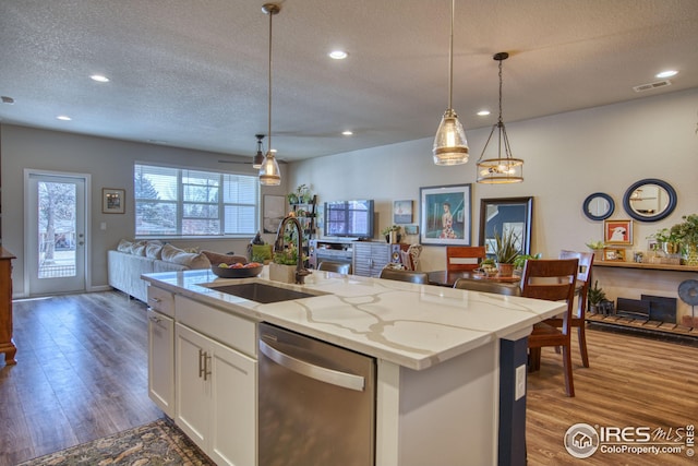 kitchen featuring dishwasher, wood finished floors, open floor plan, and a sink