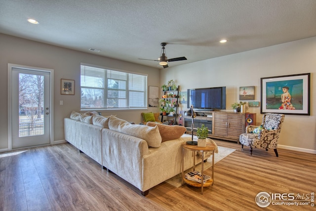 living area featuring a textured ceiling, light wood finished floors, a wealth of natural light, and baseboards