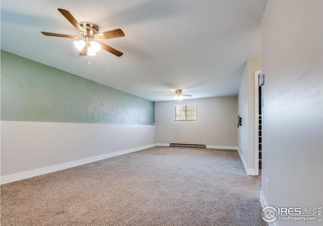 unfurnished room with baseboards, carpet flooring, ceiling fan, and baseboard heating