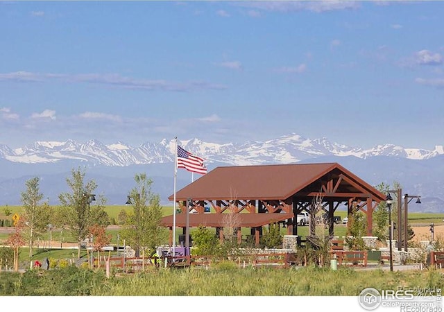 view of community featuring a gazebo and a mountain view