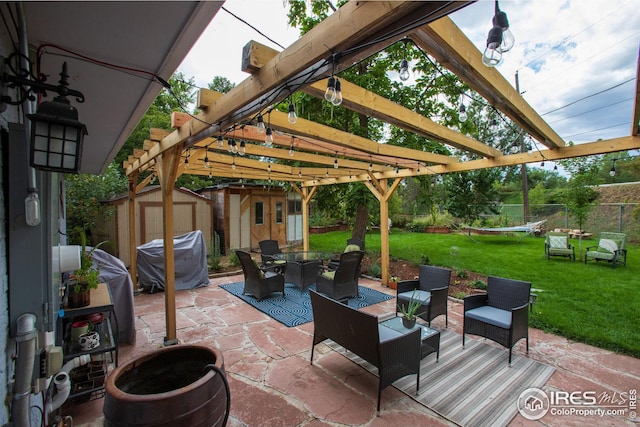 view of patio featuring a storage shed, an outbuilding, a grill, a pergola, and outdoor dining space