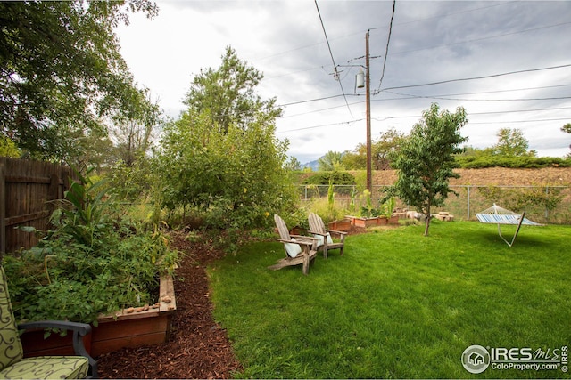 view of yard featuring fence private yard and a garden