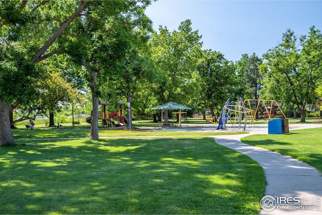 view of community with a lawn and playground community