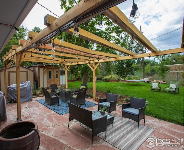 view of patio featuring outdoor dining area, an outdoor structure, grilling area, a pergola, and a storage unit