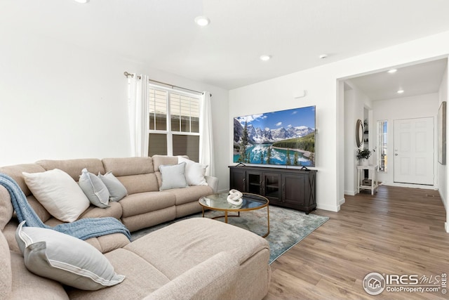 living room featuring light wood finished floors, baseboards, and recessed lighting