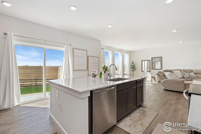 kitchen featuring light countertops, light wood-type flooring, stainless steel dishwasher, and a sink