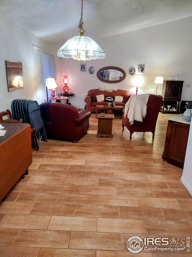 living room with wood finish floors and a textured ceiling