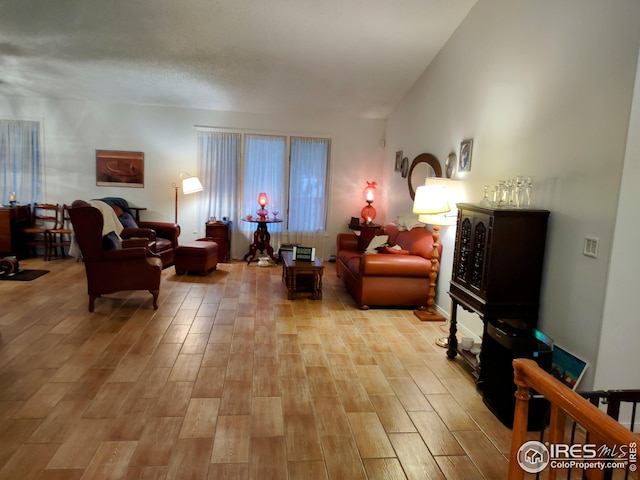 living area featuring wood tiled floor