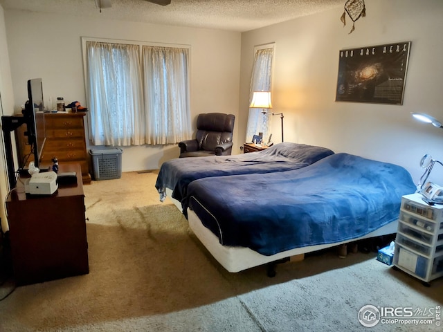 carpeted bedroom with a textured ceiling