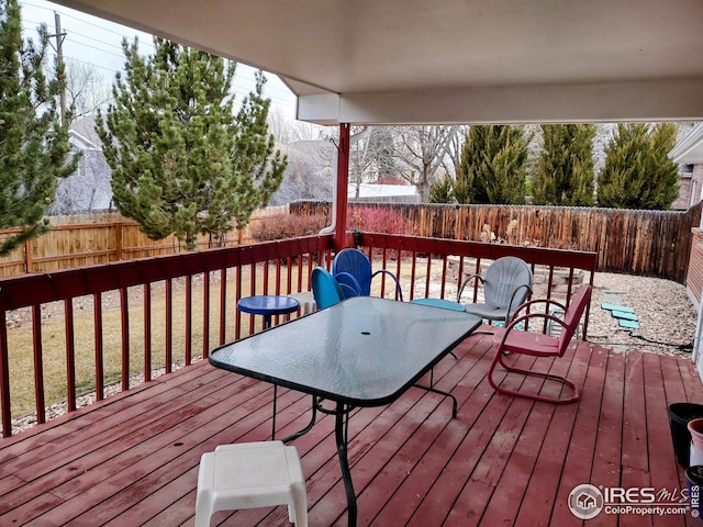 wooden terrace with a fenced backyard and a lawn