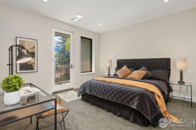 carpeted bedroom with access to outside, recessed lighting, visible vents, and baseboards