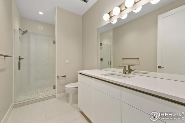 bathroom with tile patterned flooring, a shower stall, toilet, and vanity