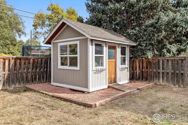 view of shed with a fenced backyard