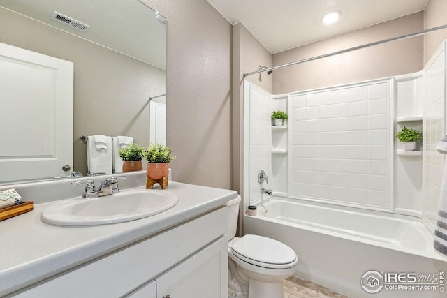 full bath featuring  shower combination, visible vents, vanity, and toilet