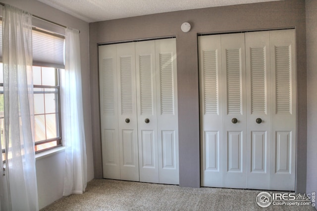 unfurnished bedroom with a textured ceiling, multiple windows, two closets, and carpet flooring