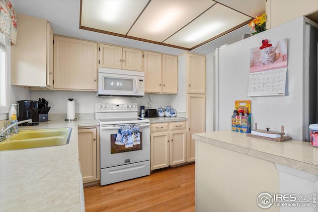 kitchen featuring light wood finished floors, light countertops, light brown cabinetry, a sink, and white appliances