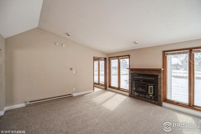 unfurnished living room with carpet floors, a baseboard radiator, baseboards, and vaulted ceiling