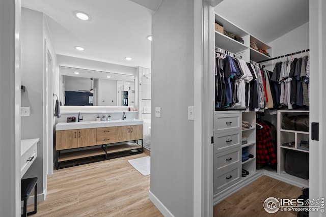 walk in closet with light wood-type flooring and a sink