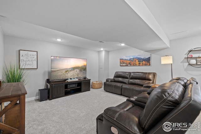 living area featuring recessed lighting, carpet flooring, and baseboards