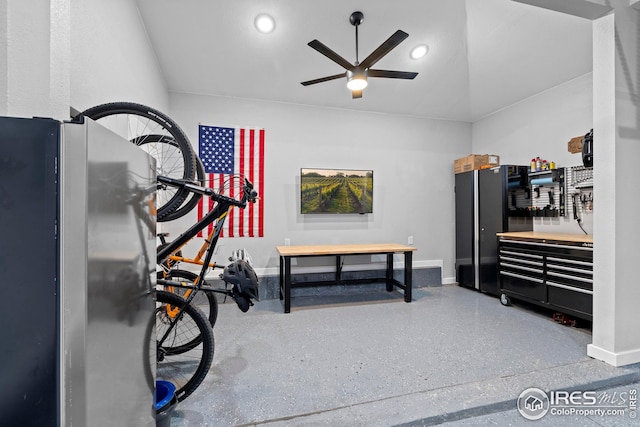 interior space featuring recessed lighting, ceiling fan, and baseboards