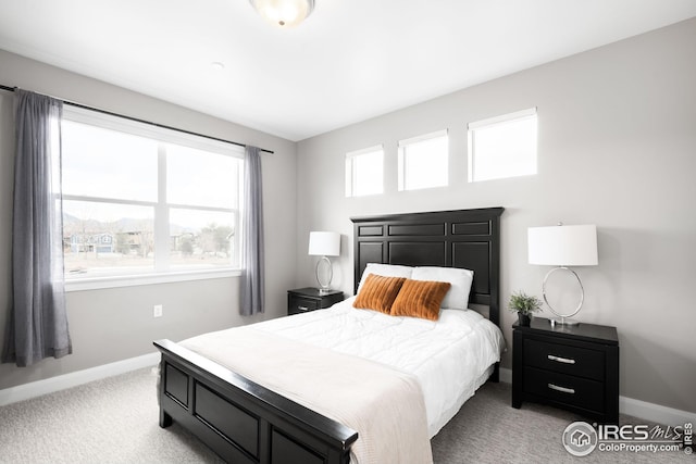 bedroom with baseboards and light colored carpet