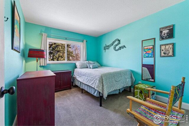 bedroom featuring carpet floors and a textured ceiling